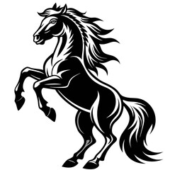 A majestic black horse silhouette dramatically rearing on its hind legs against a bright, unseen background; powerful, dynamic pose.