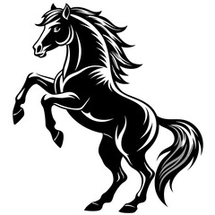 Create a dramatic silhouette of a horse rearing majestically on its hind legs, against a deep twilight sky.  Detailed musculature and powerful posture are crucial.