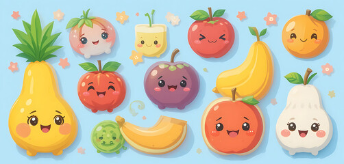 Fototapeta premium A colorful assortment of fruits and vegetables, each creatively adorned with playful, cartoon-like facial features, arranged on a rustic wooden table.