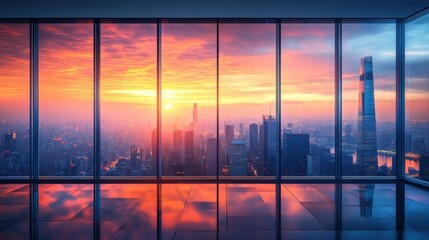 Fototapeta premium A stunning sunset illuminates a city skyline, viewed through large glass windows, reflecting vibrant colors on the polished floor.