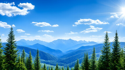 Sunlit mountain range view with evergreen trees in the foreground and a vibrant blue sky