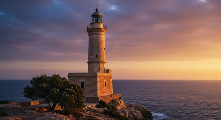 Naklejka premium Cap de Barbaria Lighthouse Sunset: A Majestic Coastal Scene