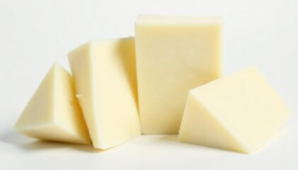 Several wedges of white cheese on a white background , cottage cheese, plate