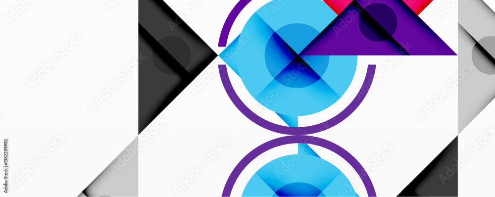Poster abstract geometric composition. overlapping shapes create dynamic visual effect. blue, purple, black