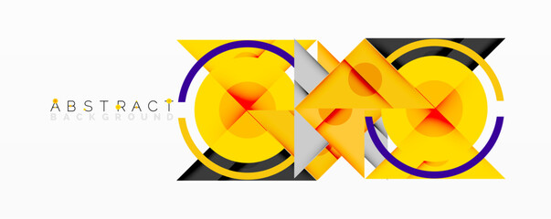 Bright yellow shapes overlap with purple curves, gray triangles. Modern design, dynamic composition, abstract elements create visual interest.