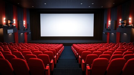 Fototapeta premium Empty cinema with red seats and blank movie screen 
