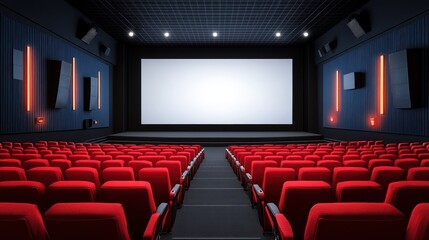 Empty cinema with red seats and blank movie screen	