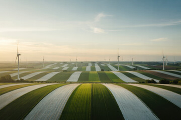 Fototapeta premium White and green stripe patterned landscape with wind turbines on it