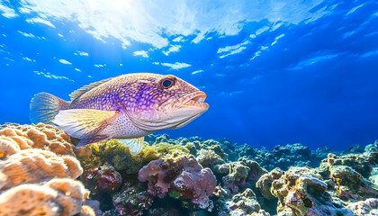Obraz premium Vibrant fish swimming above a colorful coral reef in sunlit ocean