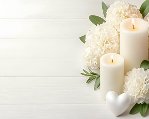 White flowers, candles, and heart on white wood