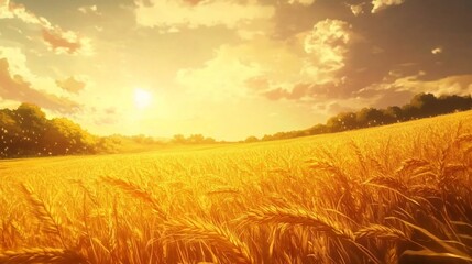 Obraz premium Golden wheat field at sunset, rural landscape in warm sunlight