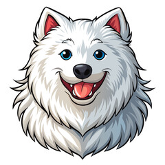 A joyful Samoyed dog, showcasing its thick, fluffy white fur and a bright, happy smile, possibly with its tongue slightly out.
