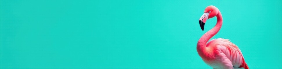 Obraz premium Bright pink flamingo against a turquoise background with white bold outline, pop art, turquoise