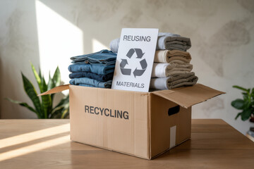 Cardboard box with used wardrobe for reuse and card. Reusing, recycling materials
