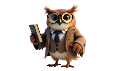 Owl professor cartoon holding book in formal wear with glasses