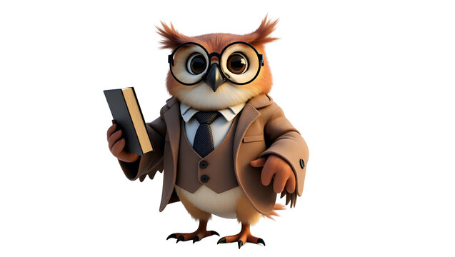 Owl professor cartoon holding book in formal wear with glasses