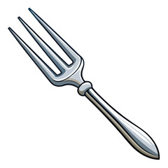 Close-up of a gleaming silver fork; four sharp tines, elegant, sleek handle; high-key lighting, studio shot.