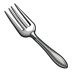 Close-up shot of a gleaming silver fork, four sharp tines, elegant handle; reflective surface; minimalist style.