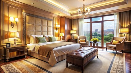 Spacious, sunlit luxury suite boasting modern amenities, elegant design, and high-end accommodation.