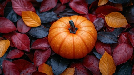 Autumn pumpkin amidst vibrant leaves