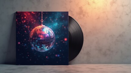 A creative mockup of a music album cover featuring a transparent overlay of a disco ball, set against a textured background