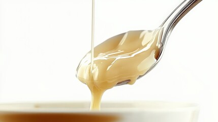 This tantalizing close-up image captures a spoon dripping with a sweet, creamy substance, enticing viewers with its smooth texture and inviting appearance. Perfect for food lovers.