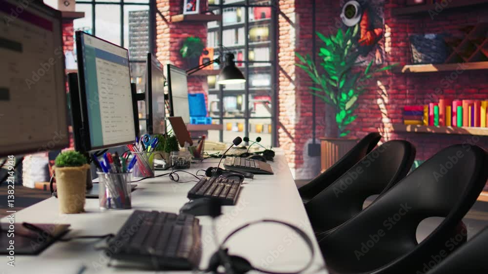 Poster customer support office with pc devices used to assist customers with technical issues and diagnosin