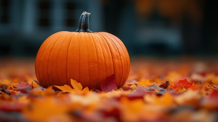 Autumn pumpkin on fallen leaves