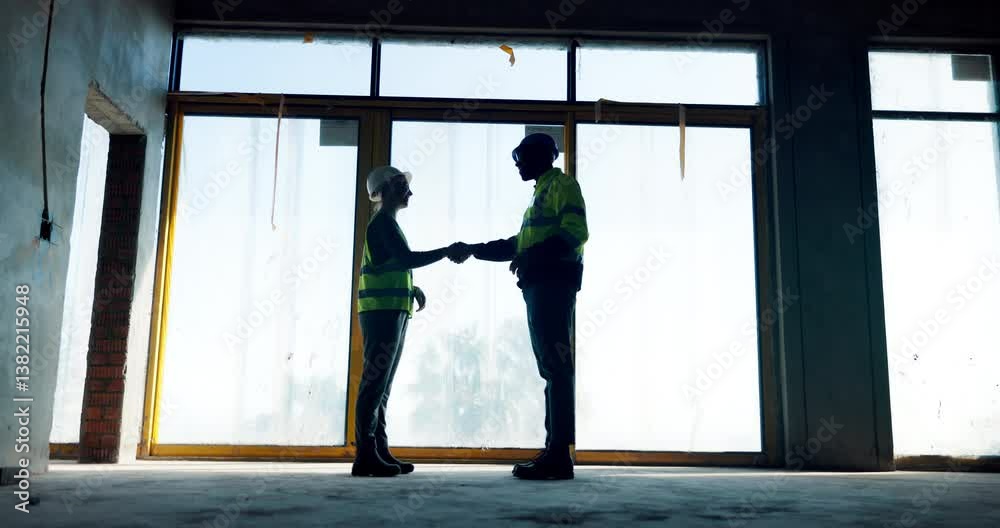 Poster handshake, engineering people or silhouette on construction site for welcome, support or building co