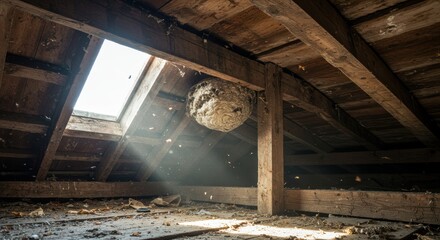Abandoned attic with sunlit wasp nest through skylight in rustic wooden beams