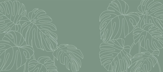 Tropical leaves background vector. Natural jungle monstera palm leaves design in minimal pale green color with contour line art. Design for fabric, print, cover, banner, decoration, wallpaper. © babeer