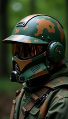 Fototapeta premium Close-up of green and brown camouflage helmet, safety, gear, protection