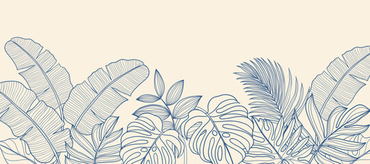 Tropical leaves background vector. Natural jungle monstera palm leaves design in minimal beige color with contour blue line art. Design for fabric, print, cover, banner, decoration, wallpaper. © babeer