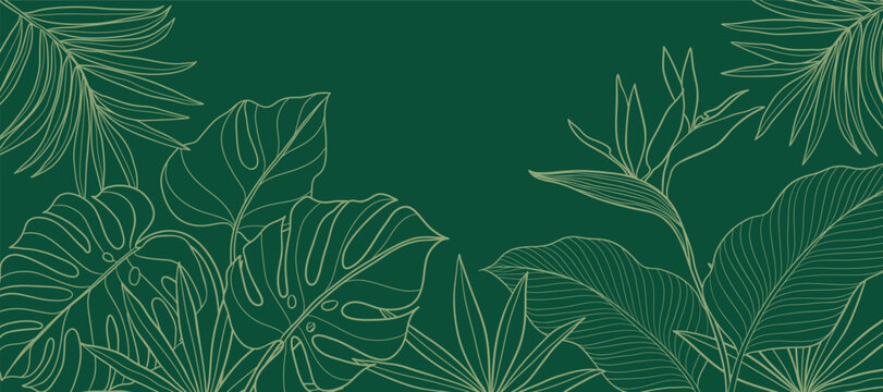 Tropical leaves background vector. Natural jungle monstera palm leaves design in minimal green color with contour line art. Design for fabric, print, cover, banner, decoration, wallpaper.