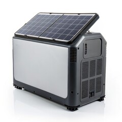 Obraz premium Solar-powered cooler with sleek design, featuring solar panels on top. Ideal for outdoor adventures and camping, promoting renewable energy use while preserving food and beverages.