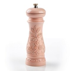 Elegant, vintage-inspired pink pepper mill with intricate floral designs, perfect for enhancing culinary presentations and adding a touch of charm to dining tables.