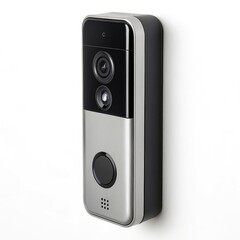 Obraz premium Modern video doorbell with sleek design and two cameras, mounted on a wall for enhanced home security, featuring a push button and advanced technology.