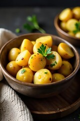 Russet potatoes, parsley garnish, rustic bowl, nutrition, vegetable, harvest