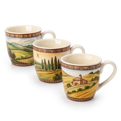 Three decorative coffee mugs with scenic countryside designs, showcasing lush hills and agricultural landscapes against a white isolated background.
