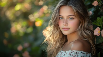 Naklejka premium A serene portrait of a young girl with flowing hair, framed by soft floral surroundings, capturing a moment of natural beauty and tranquility.