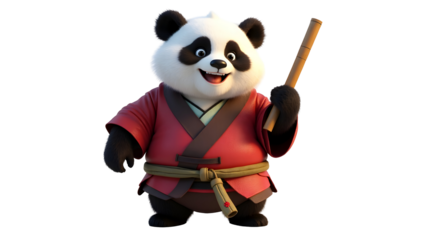 Smiling Panda Character in Martial Arts Gi Holding a Bamboo Stick