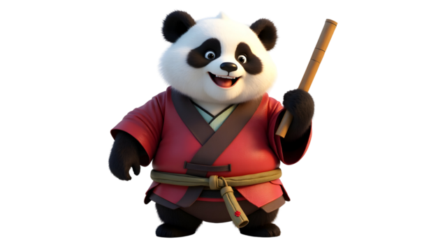Smiling Panda Character in Martial Arts Gi Holding a Bamboo Stick - Powered by Adobe
