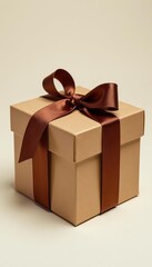 Obraz premium Square brown gift box, neatly tied with a broad brown satin ribbon , close up, photography