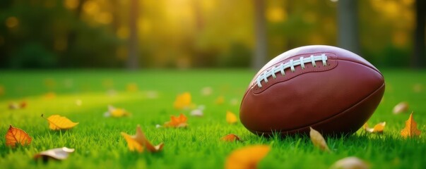 Leather football on lush green grass with scattered fall foliage , season, football, nature