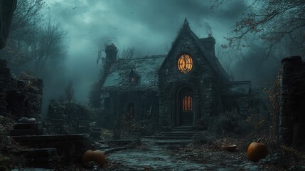 A spooky, abandoned stone cottage is illuminated by an eerie glow, surrounded by a misty forest and scattered pumpkins, evoking a haunting atmosphere.