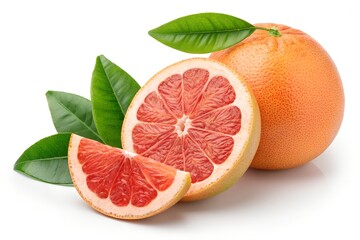 Fresh grapefruit with a sliced half and a juicy wedge, isolated on a white background with natural texture and green leaves