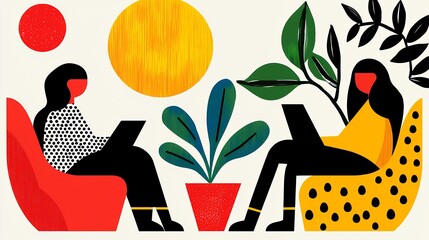 Stylized Women Working On Laptops In Colorful Abstract Setting