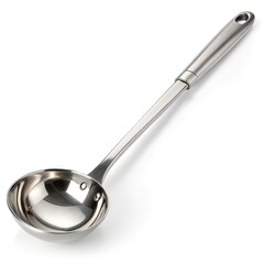 Stainless steel ladle with a polished finish, ideal for serving soups and sauces, isolated on a white background.