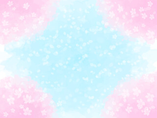春の桜と花びらと青空イメージのテクスチャー背景素材。桜並木と桜吹雪のイメージ。