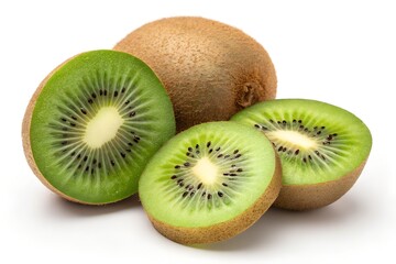 Whole and sliced kiwi fruit with bright green flesh and black seeds, isolated on a white background